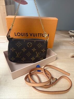 Louis Vuitton Brown Monogram Mini Pochette Gold Chain includes LV skinny belt